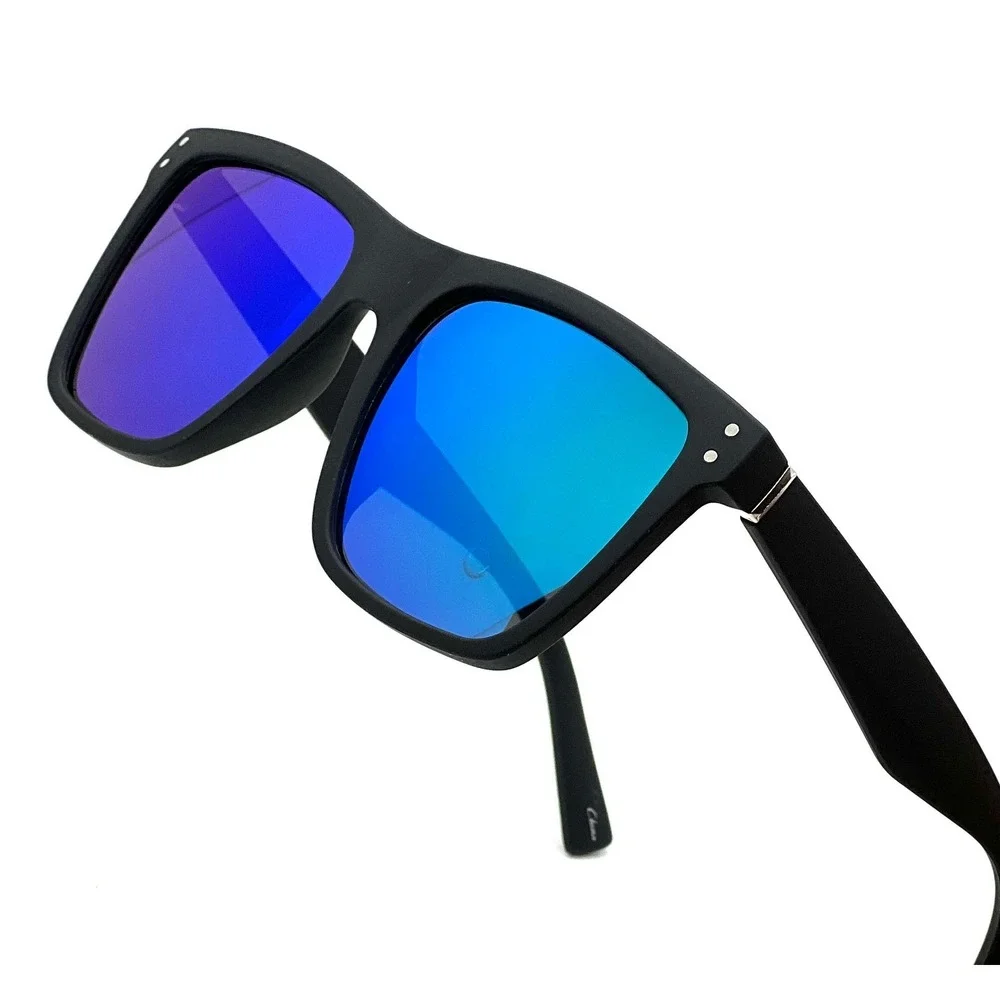 Square Frame Sunglasses Black Frame Blue Green Mirrored Lens Fashion Style Gafas